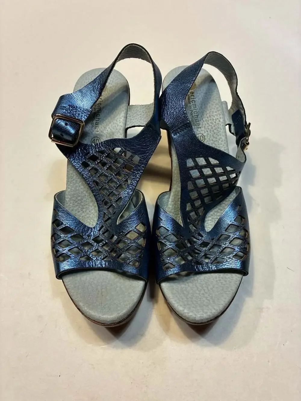 Eric Michael Metallic Blue Leather Cutout Wedge Sandals Made in Portugal